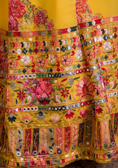 Yellow Threadwork Georgette Readymade Lehenga