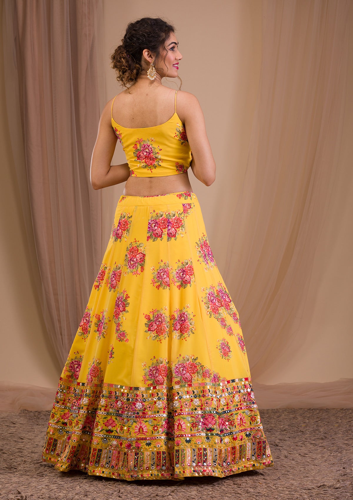Yellow Threadwork Georgette Readymade Lehenga