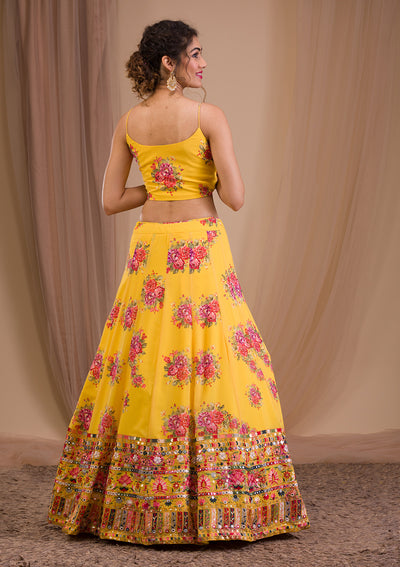 Yellow Threadwork Georgette Readymade Lehenga