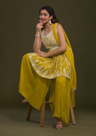 Yellow Threadwork Georgette Readymade Salwar Suit-Koskii