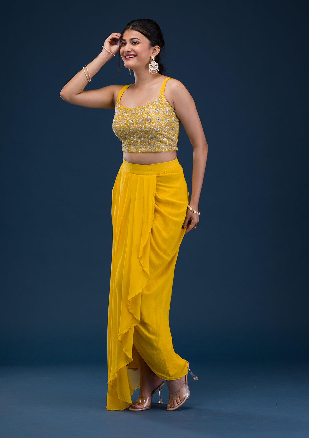 Yellow Threadwork Georgette Readymade Salwar Suit
