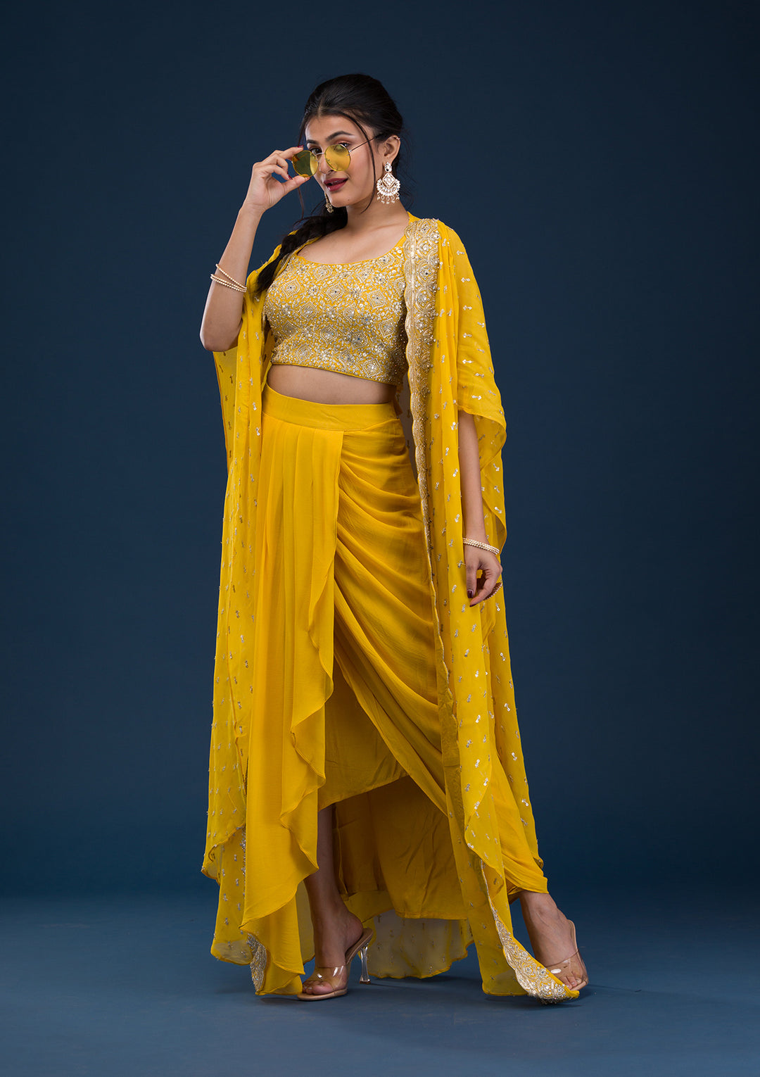 Yellow Threadwork Georgette Readymade Salwar Suit