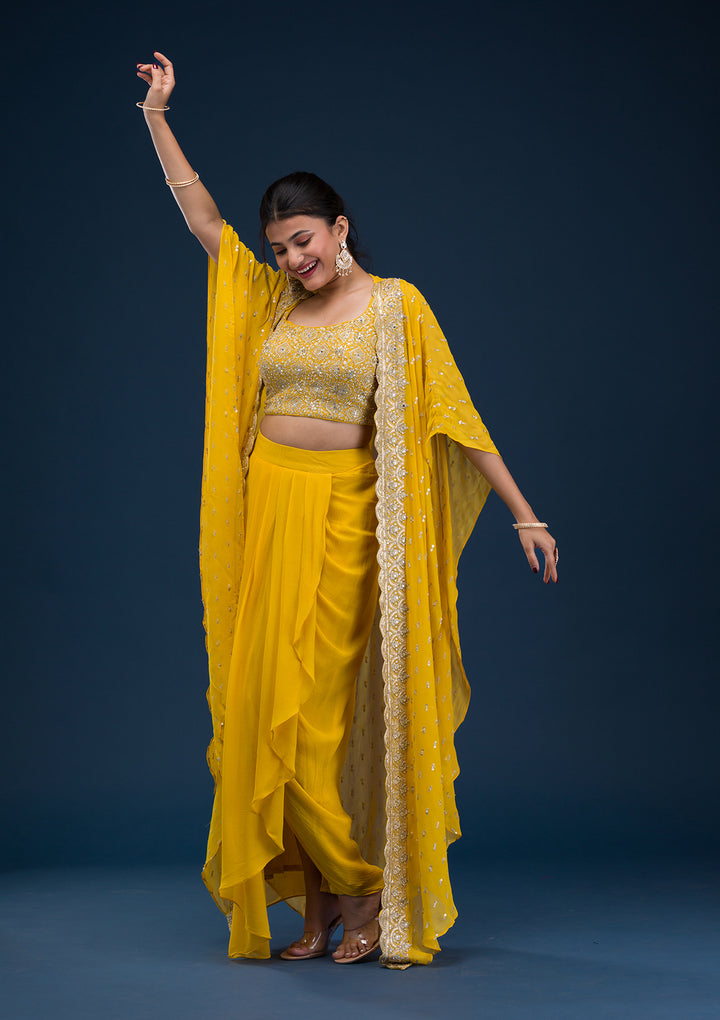 Yellow Threadwork Georgette Readymade Salwar Suit