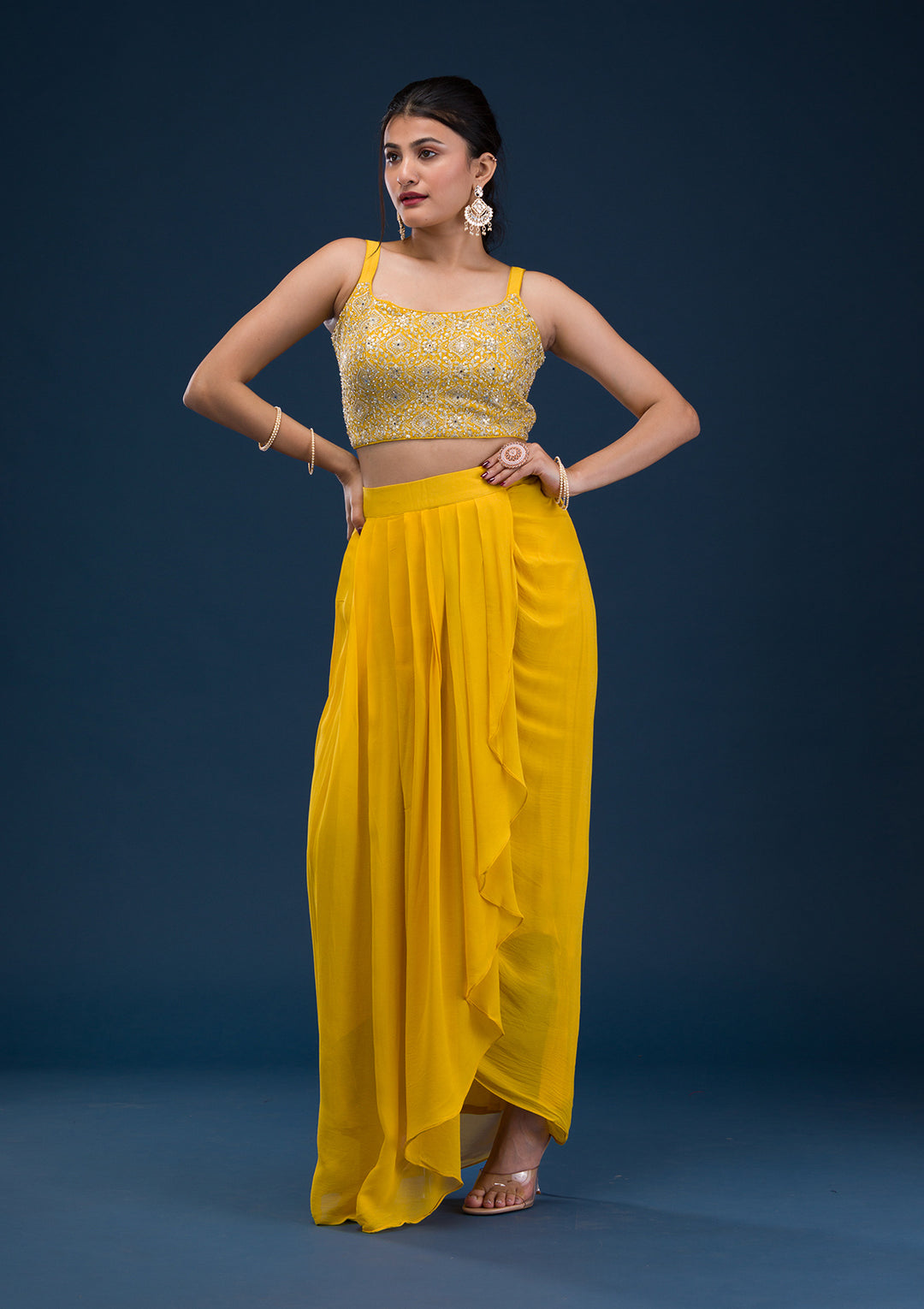 Yellow Threadwork Georgette Readymade Salwar Suit