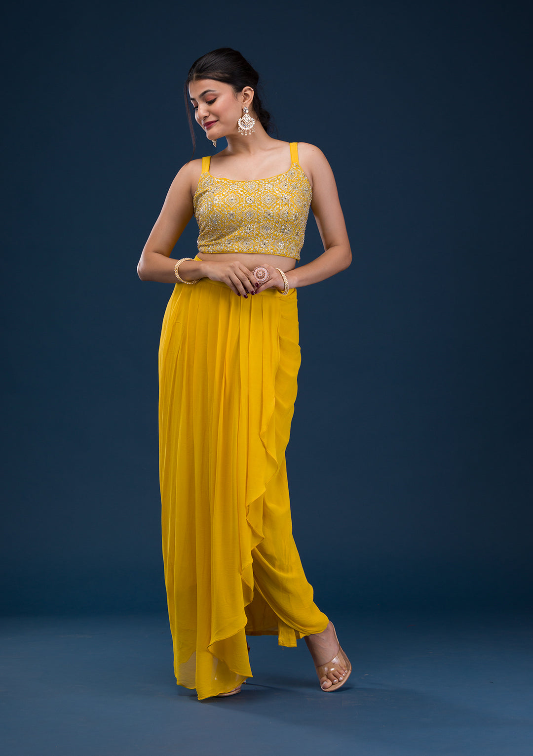 Yellow Threadwork Georgette Readymade Salwar Suit
