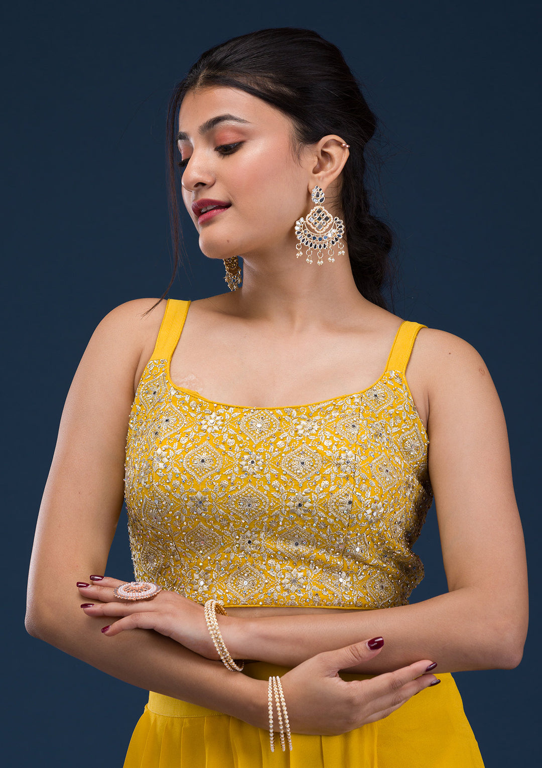 Yellow Threadwork Georgette Readymade Salwar Suit