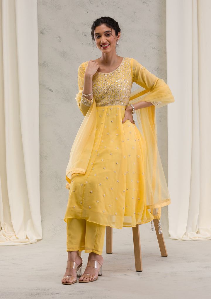 Yellow Threadwork Georgette Readymade Salwar Suit