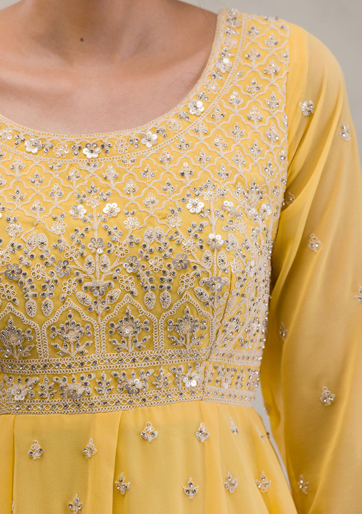Yellow Threadwork Georgette Readymade Salwar Suit