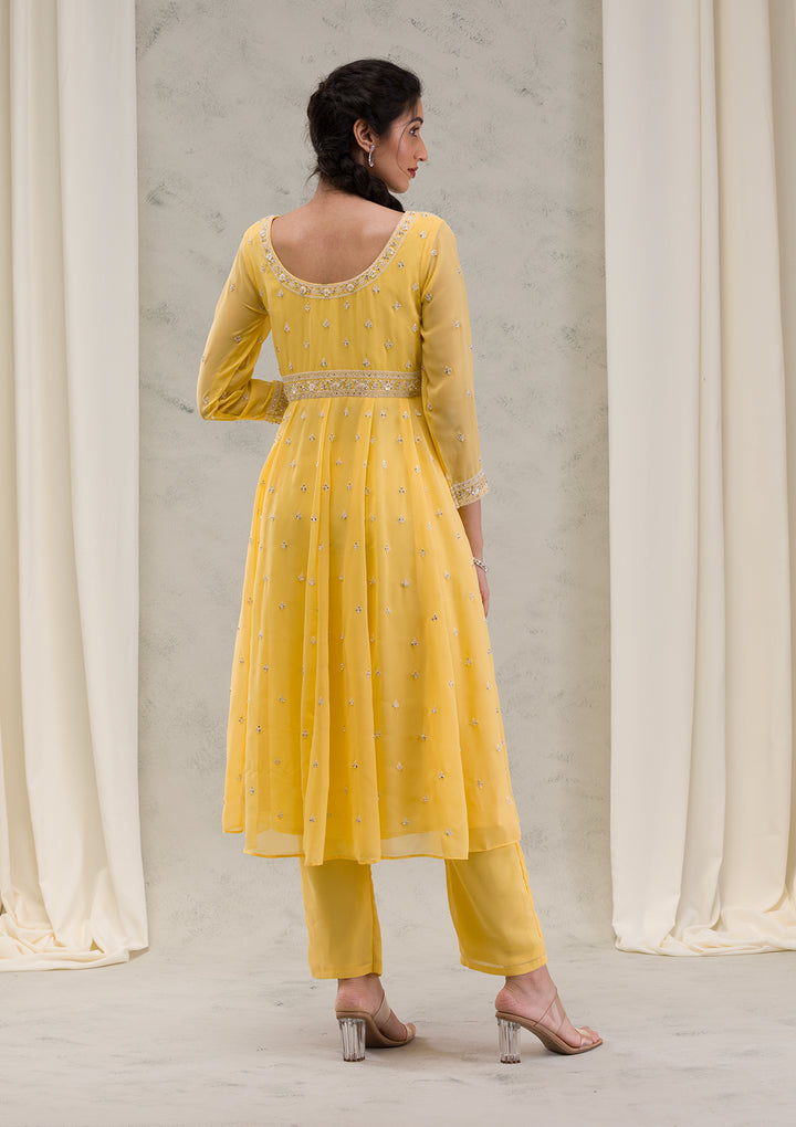 Yellow Threadwork Georgette Readymade Salwar Suit