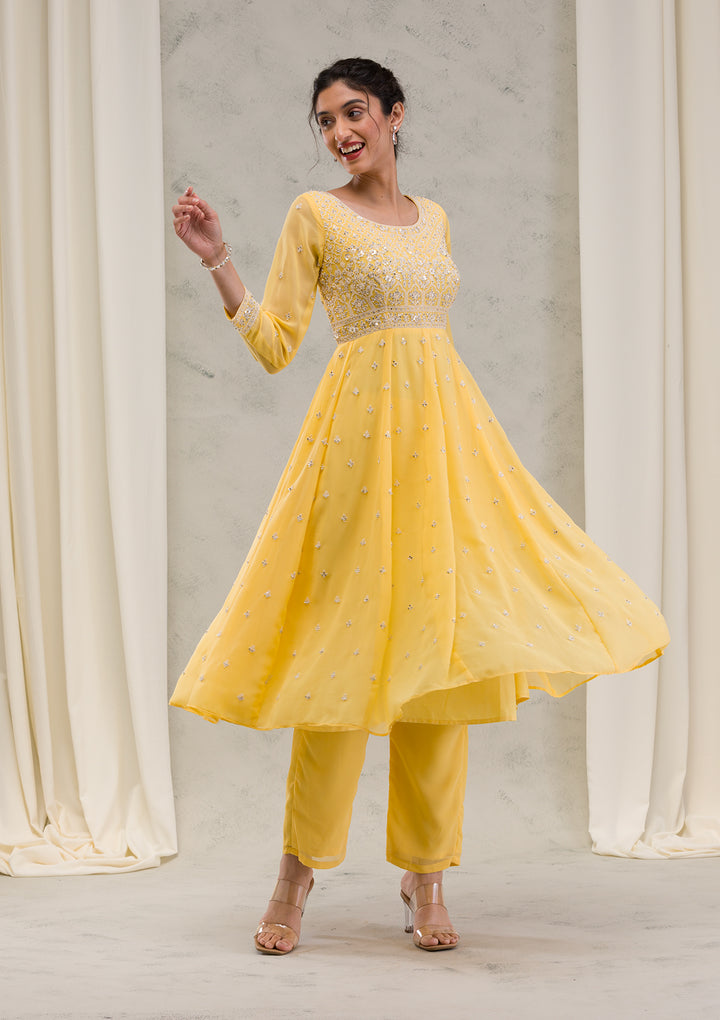Yellow Threadwork Georgette Readymade Salwar Suit