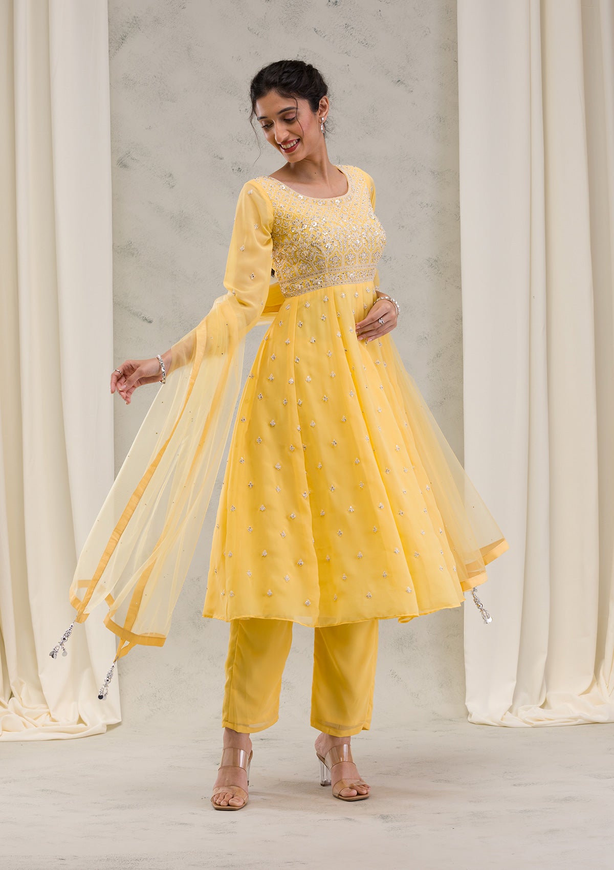 Yellow Threadwork Georgette Readymade Salwar Suit