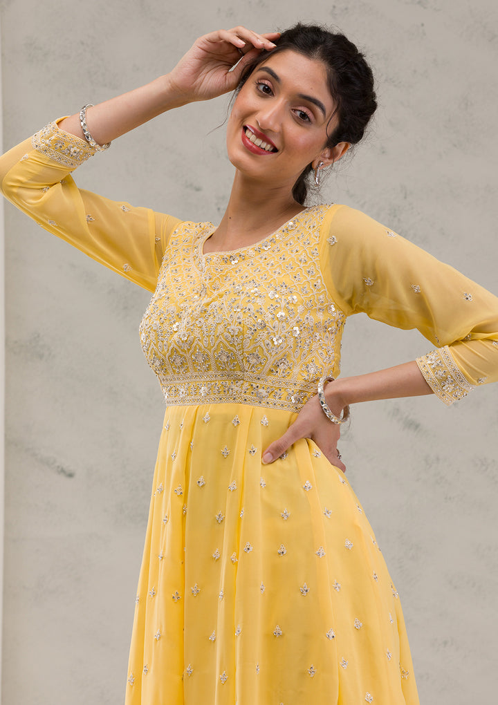 Yellow Threadwork Georgette Readymade Salwar Suit