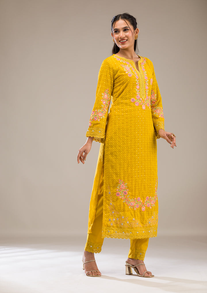 Yellow Threadwork Georgette Readymade Salwar Suit