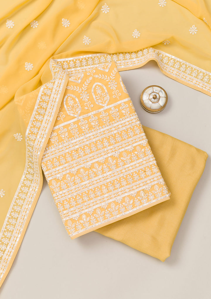 Yellow Threadwork Georgette Unstitched Salwar Suit