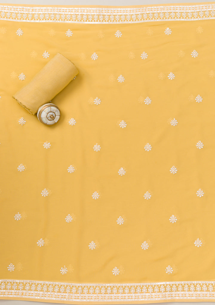 Yellow Threadwork Georgette Unstitched Salwar Suit