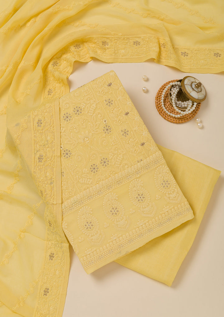 Yellow Threadwork Georgette Unstitched Salwar Suit