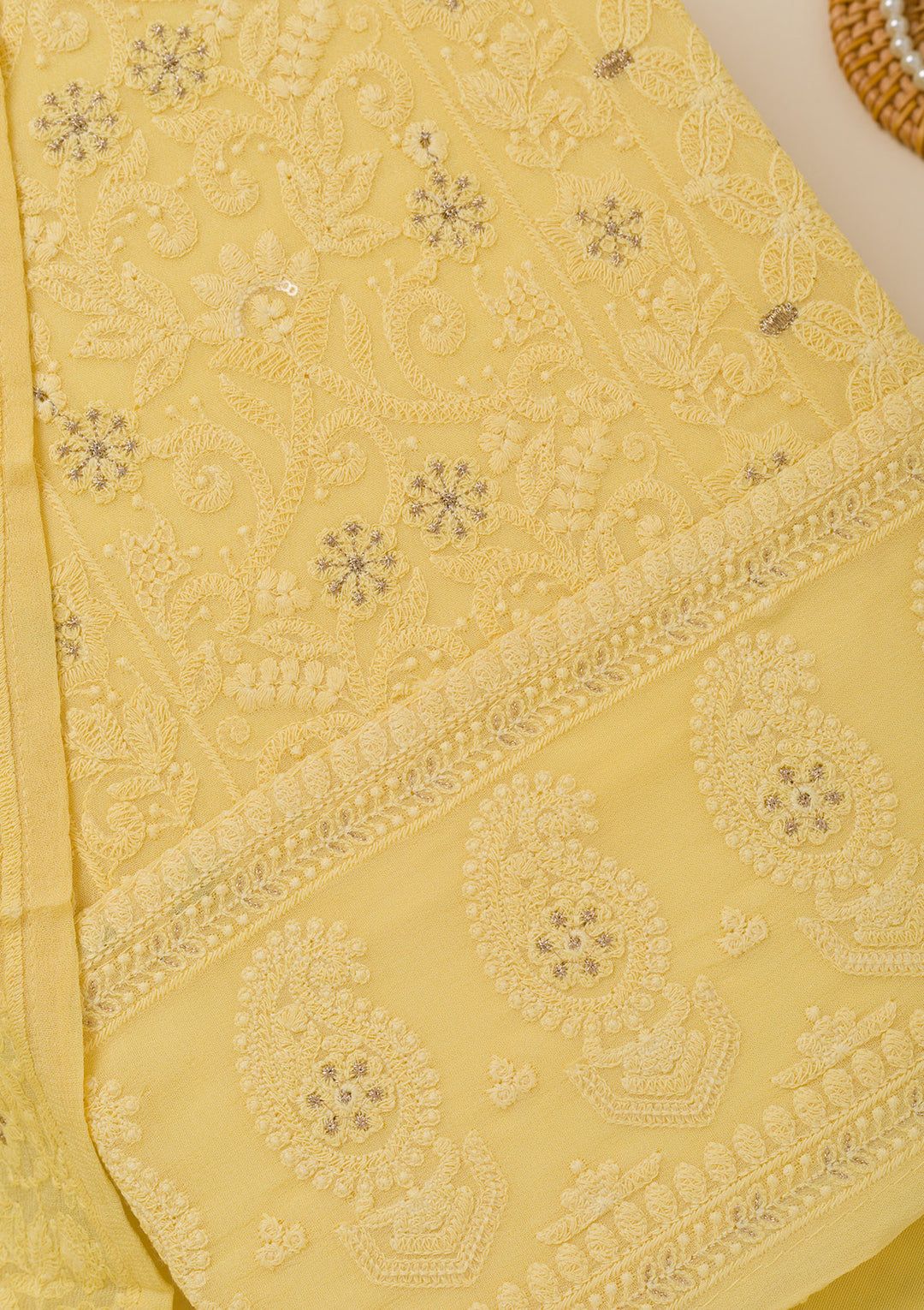 Yellow Threadwork Georgette Unstitched Salwar Suit