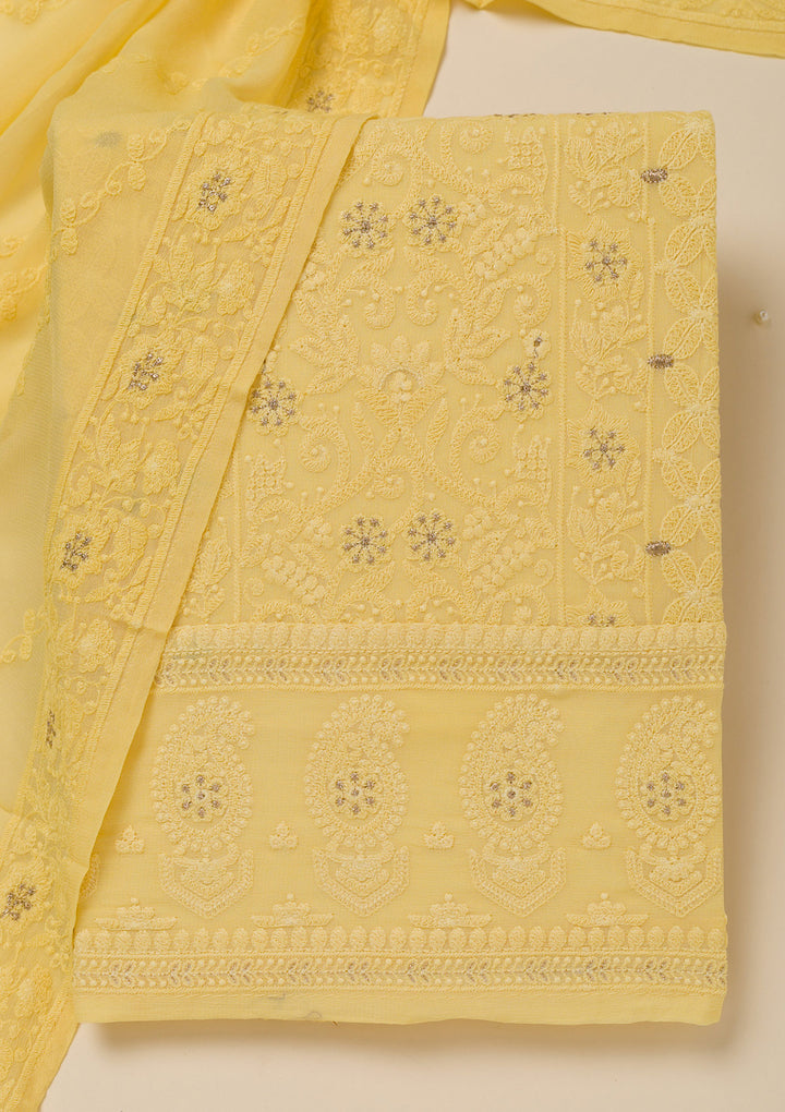 Yellow Threadwork Georgette Unstitched Salwar Suit