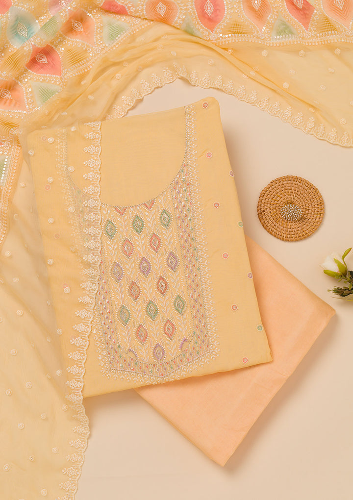 Yellow Threadwork Georgette Unstitched Salwar Suit