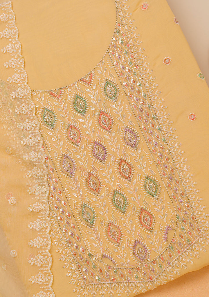 Yellow Threadwork Georgette Unstitched Salwar Suit