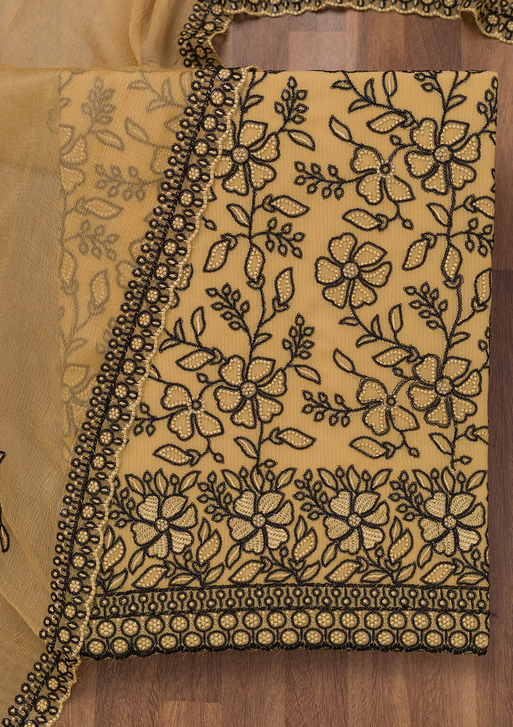 Yellow Threadwork Georgette Unstitched Salwar Suit