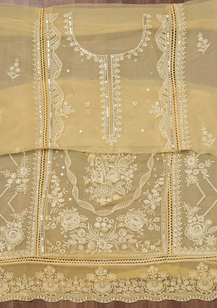 Yellow Threadwork Georgette Unstitched Salwar Suit