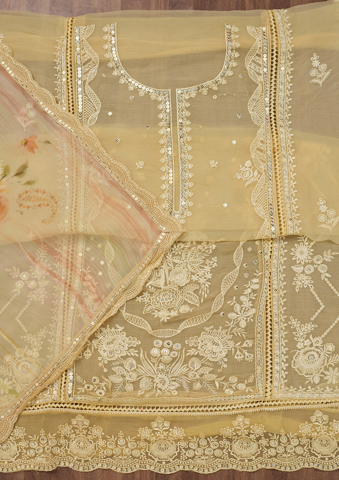 Yellow Threadwork Georgette Unstitched Salwar Suit