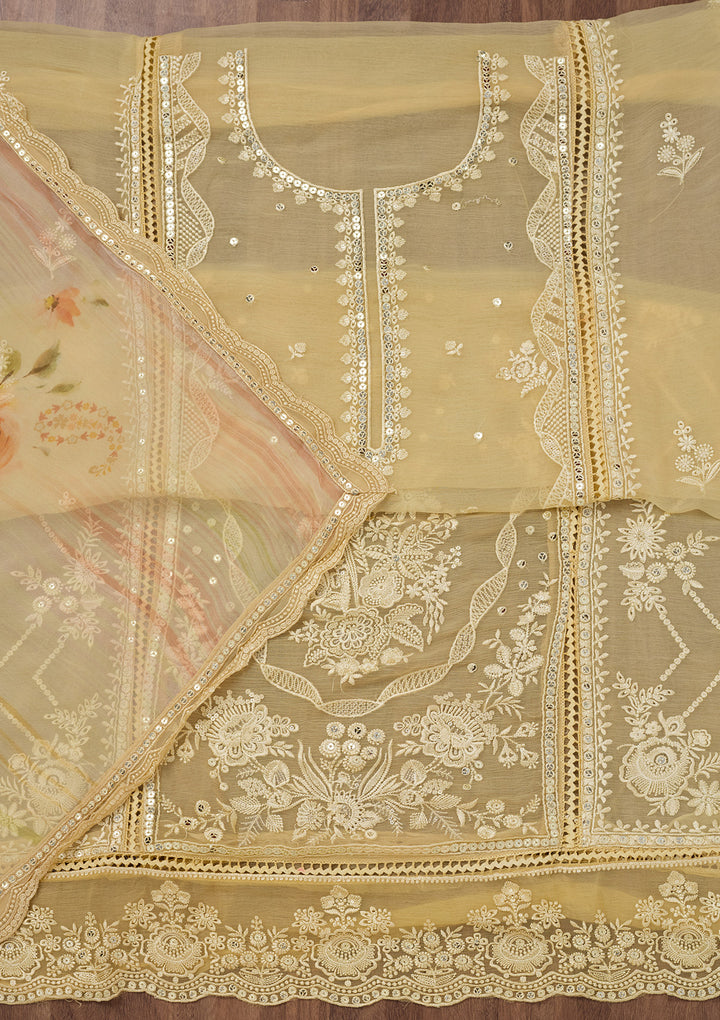Yellow Threadwork Georgette Unstitched Salwar Suit