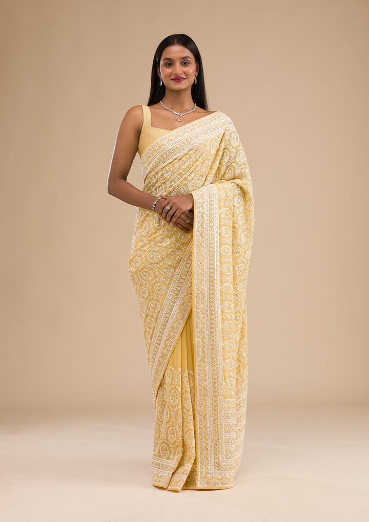 Yellow Threadwork Georgette Saree