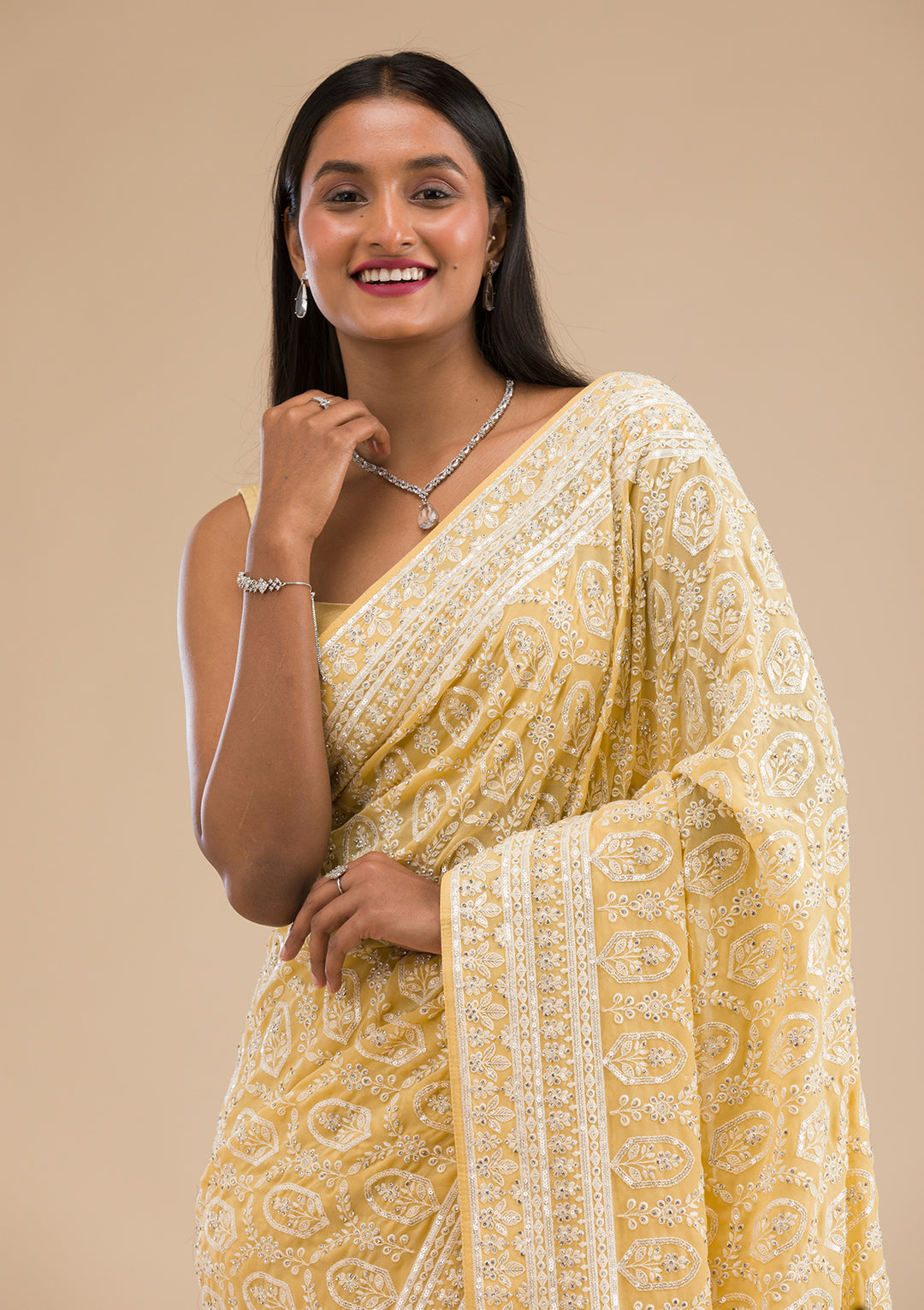 Yellow Threadwork Georgette Saree