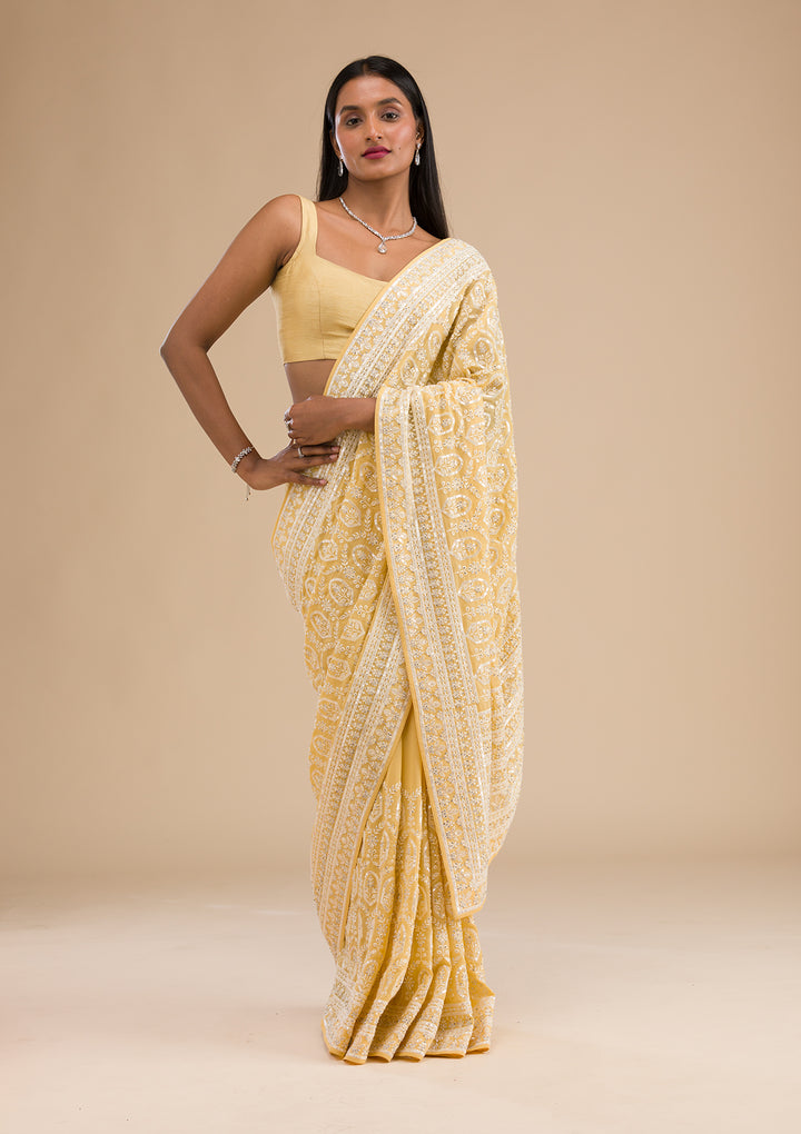 Yellow Threadwork Georgette Saree