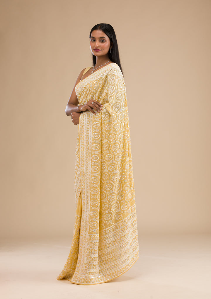 Yellow Threadwork Georgette Saree