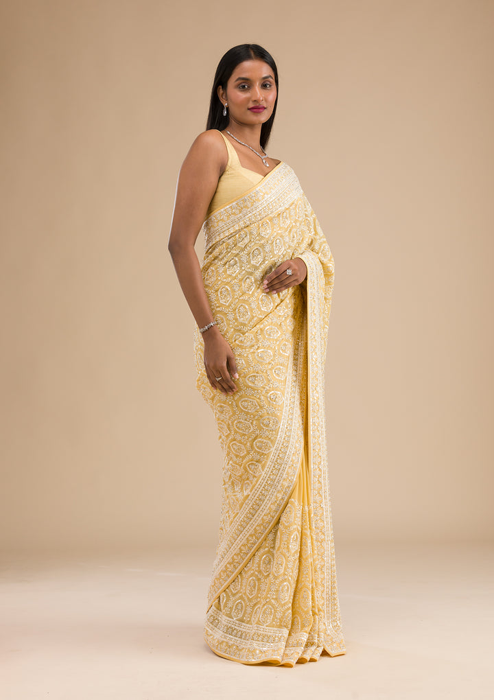 Yellow Threadwork Georgette Saree