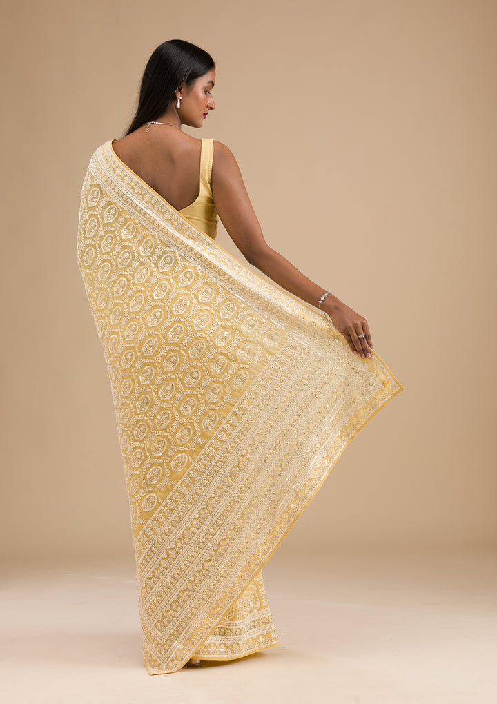 Yellow Threadwork Georgette Saree