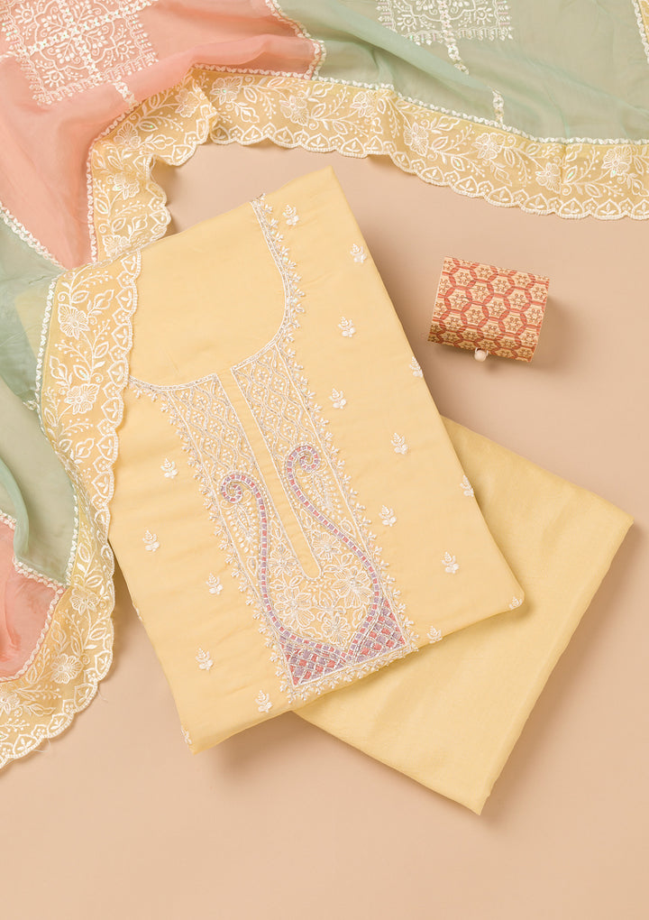 Yellow Threadwork Organza Unstitched Salwar Suit