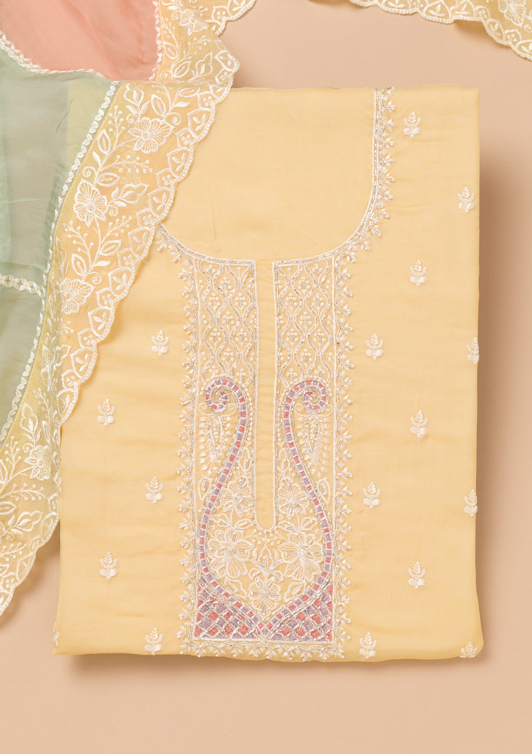 Yellow Threadwork Organza Unstitched Salwar Suit