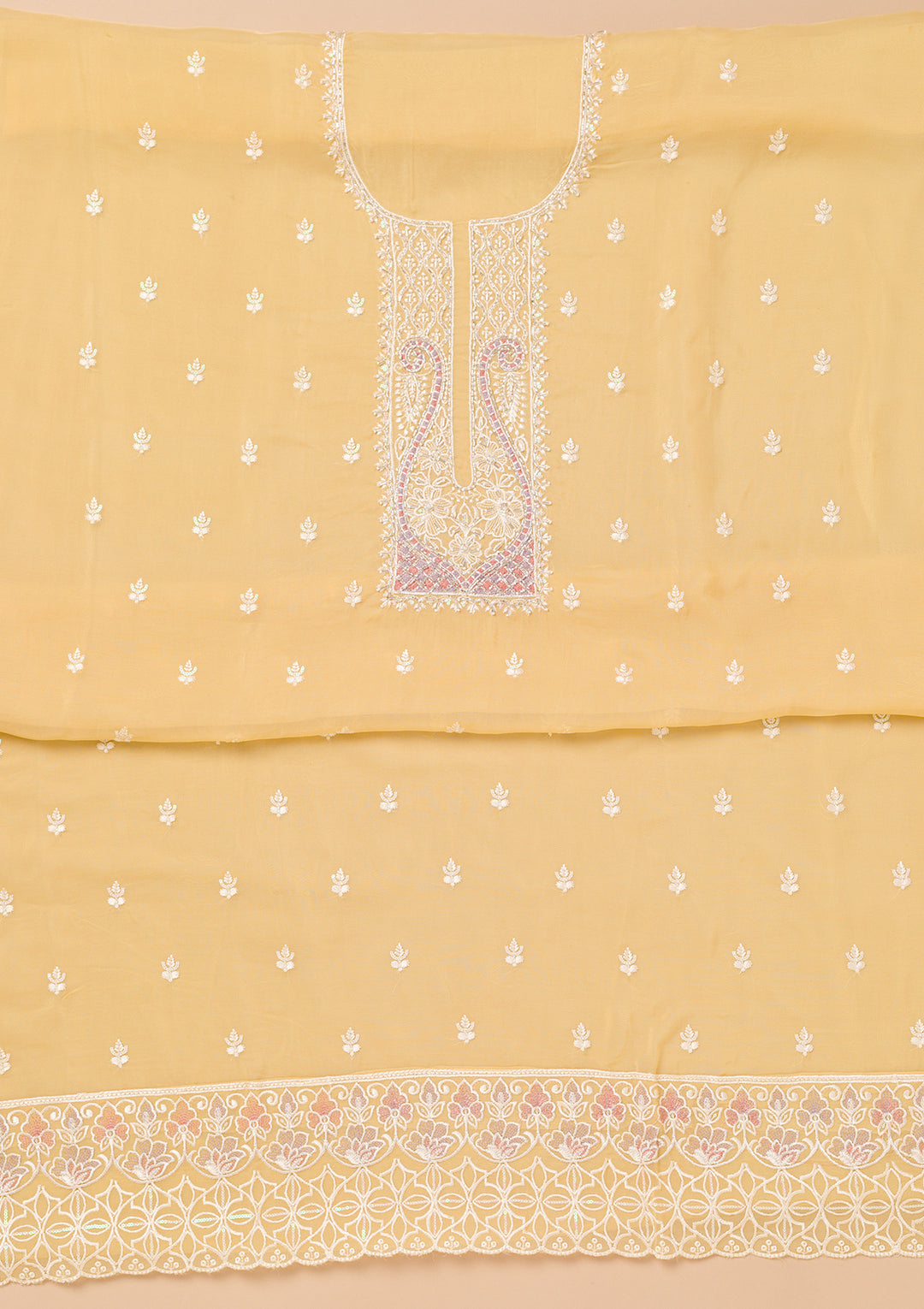 Yellow Threadwork Organza Unstitched Salwar Suit
