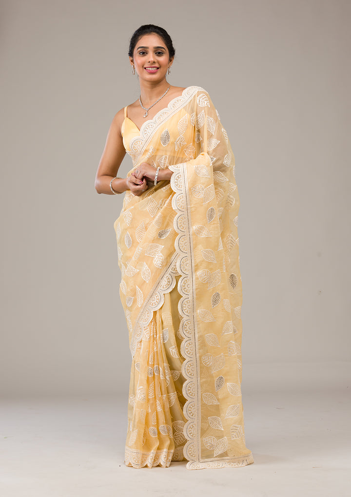 Yellow Threadwork Organza Saree