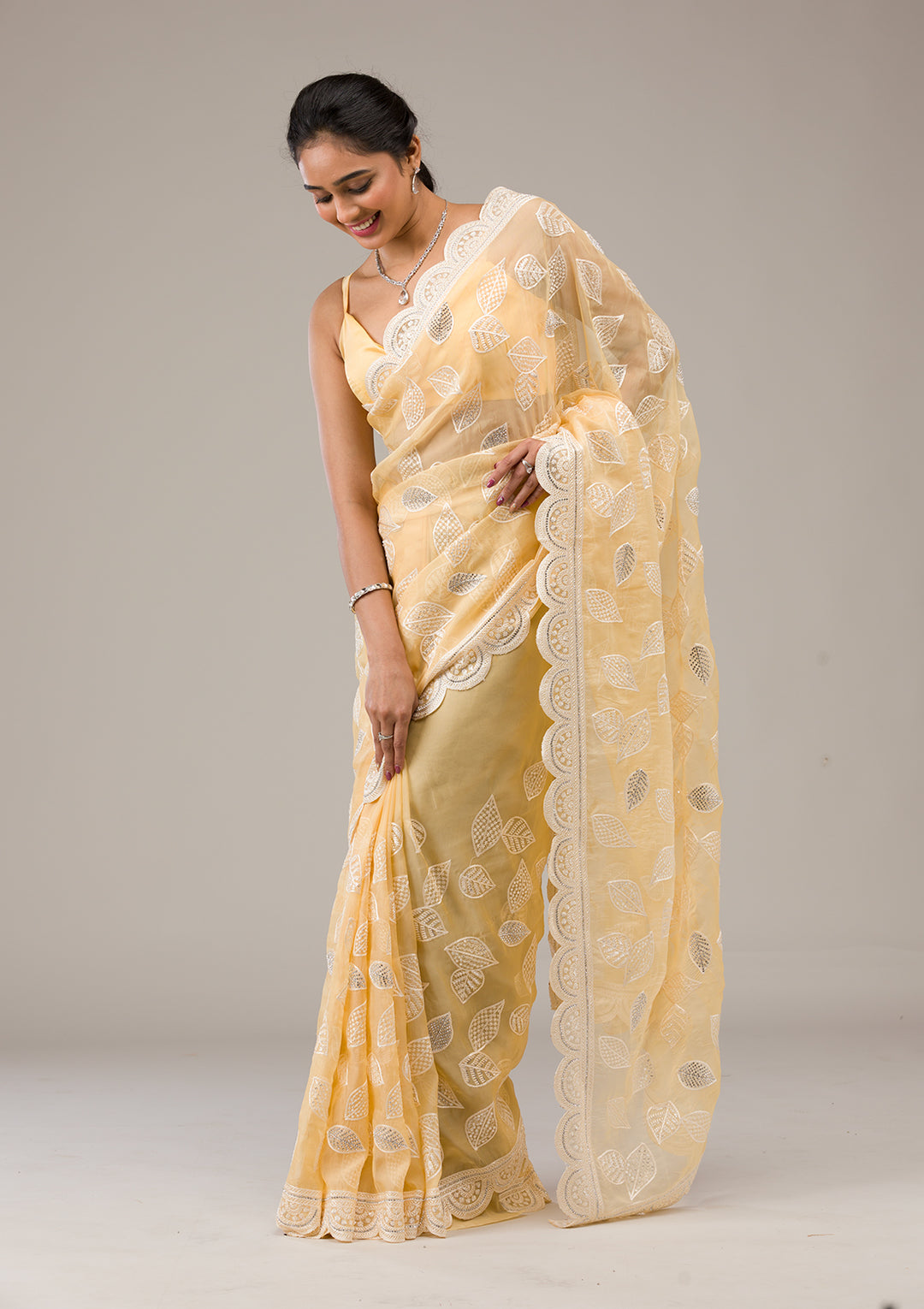 Yellow Threadwork Organza Saree