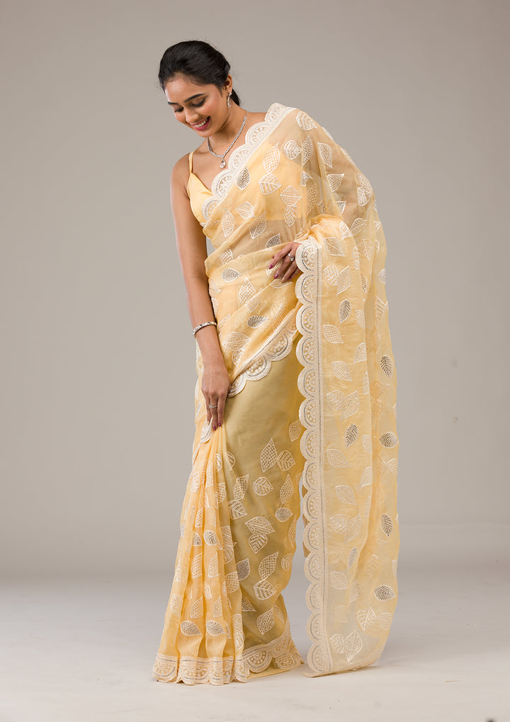 Yellow Threadwork Organza Saree