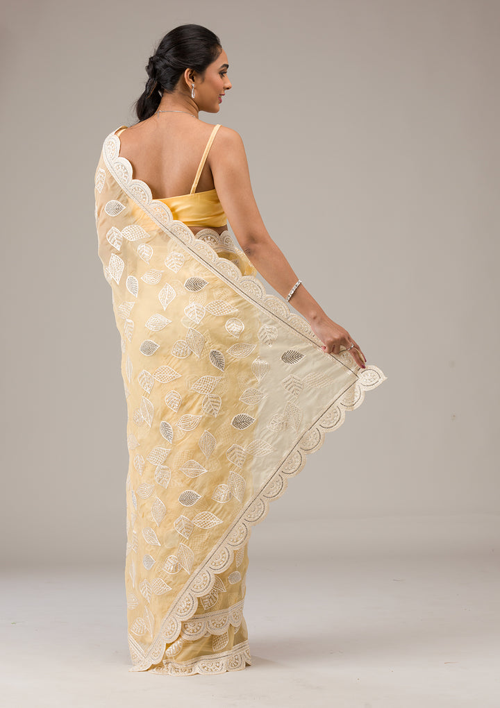 Yellow Threadwork Organza Saree