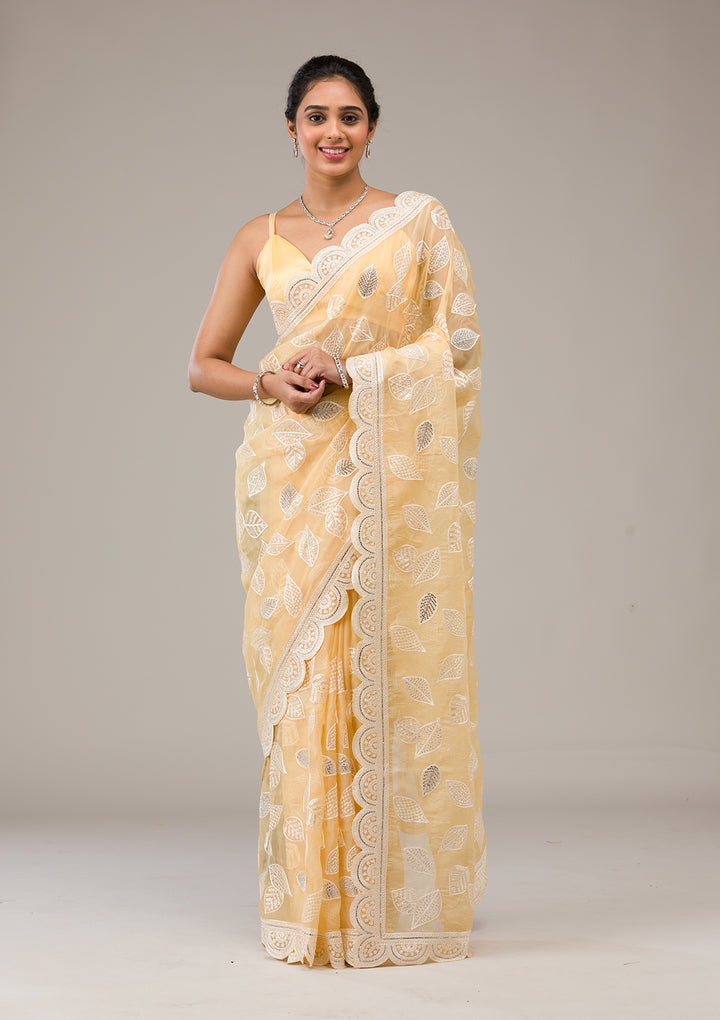 Yellow Threadwork Organza Saree