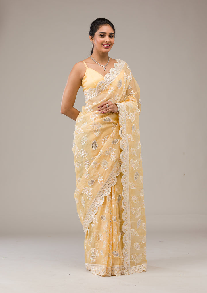 Yellow Threadwork Organza Saree