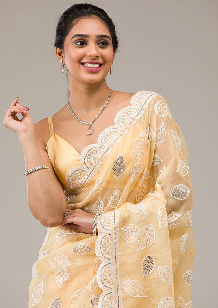 Yellow Threadwork Organza Saree