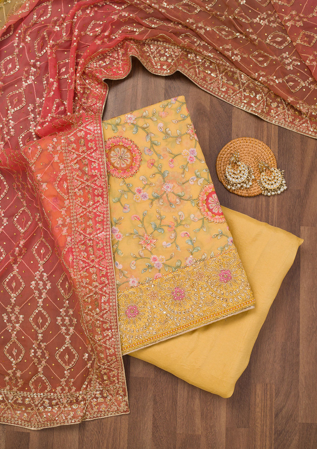Yellow Threadwork Semi Crepe Unstitched Salwar Suit