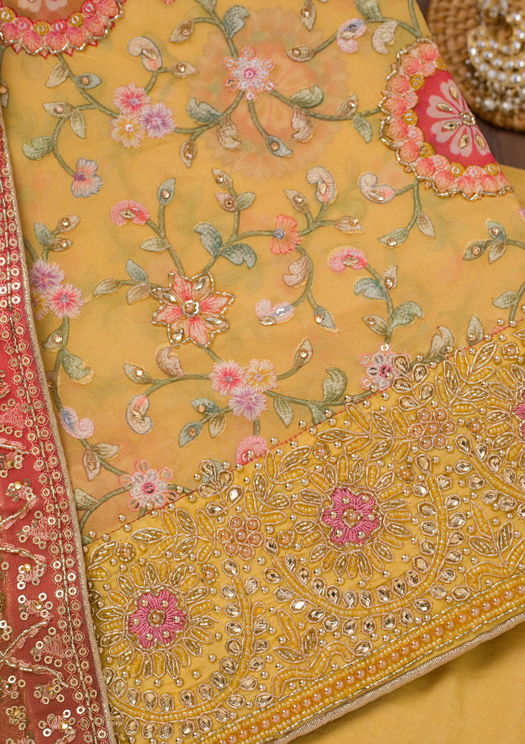 Yellow Threadwork Semi Crepe Unstitched Salwar Suit