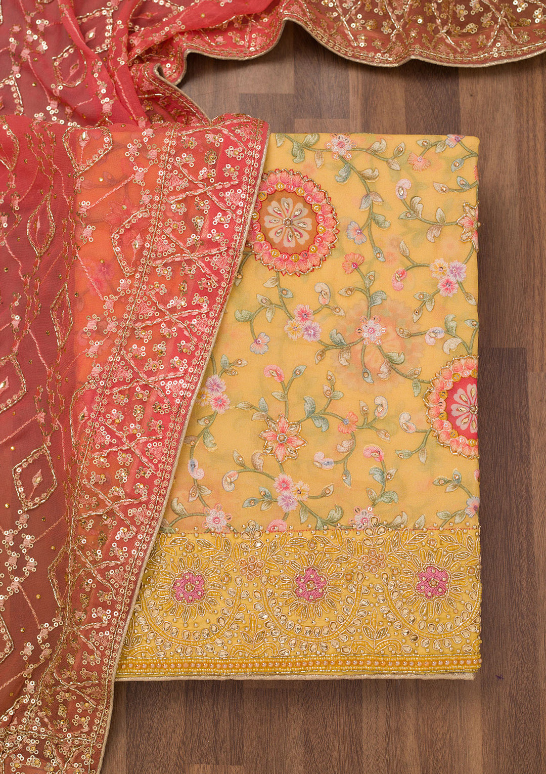 Yellow Threadwork Semi Crepe Unstitched Salwar Suit
