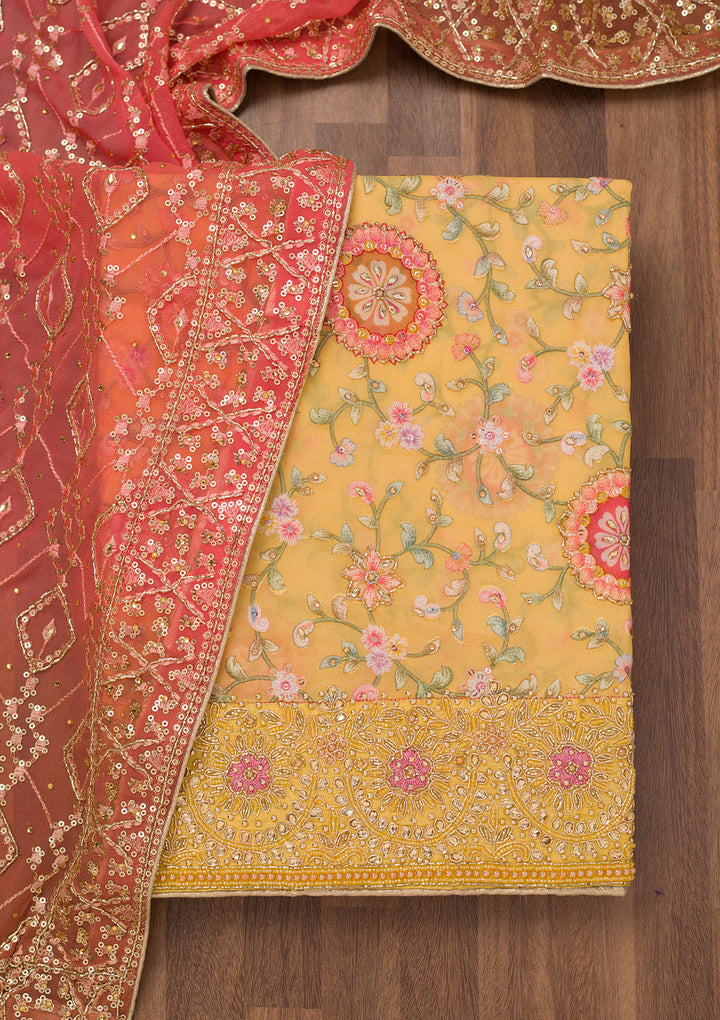 Yellow Threadwork Semi Crepe Unstitched Salwar Suit