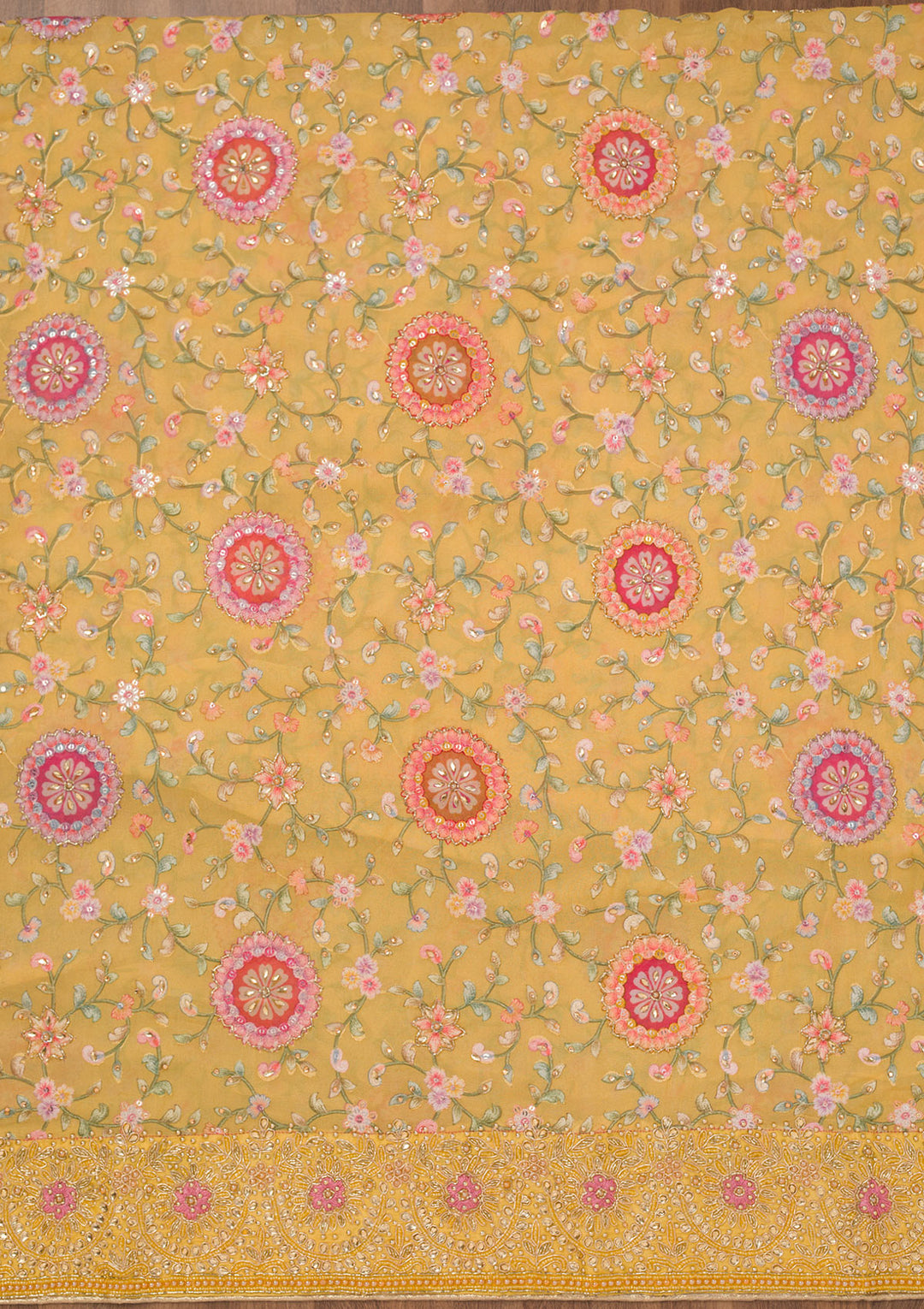 Yellow Threadwork Semi Crepe Unstitched Salwar Suit