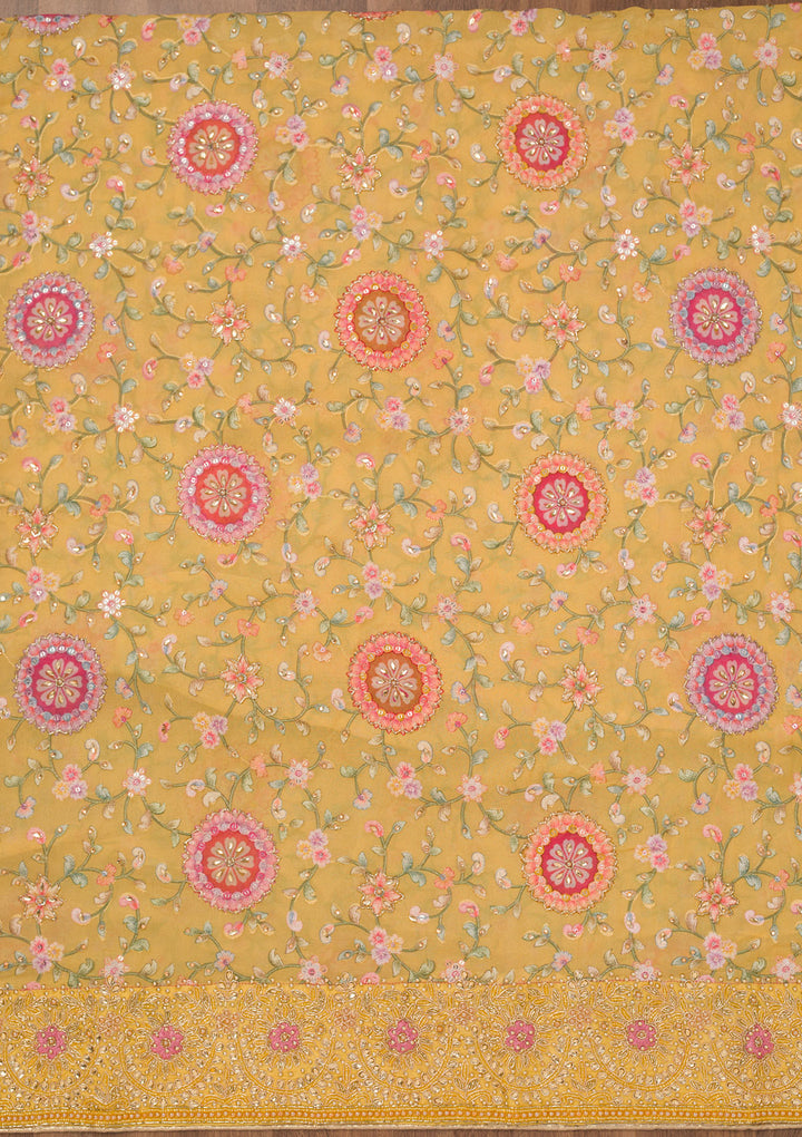 Yellow Threadwork Semi Crepe Unstitched Salwar Suit